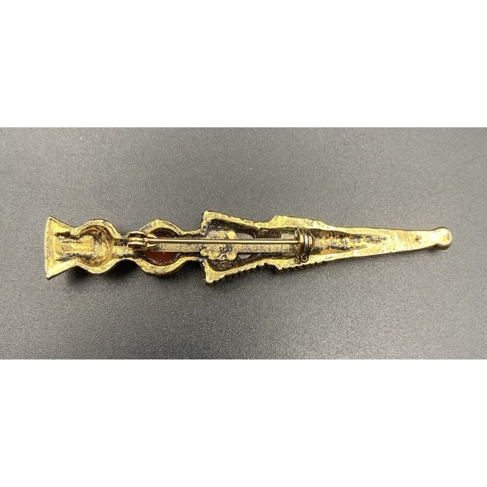 Vintage Scottish Style Thistle Dirk Kilt Pin Brooch Gold Tone Faux Agate 3" - Picture 2 of 7